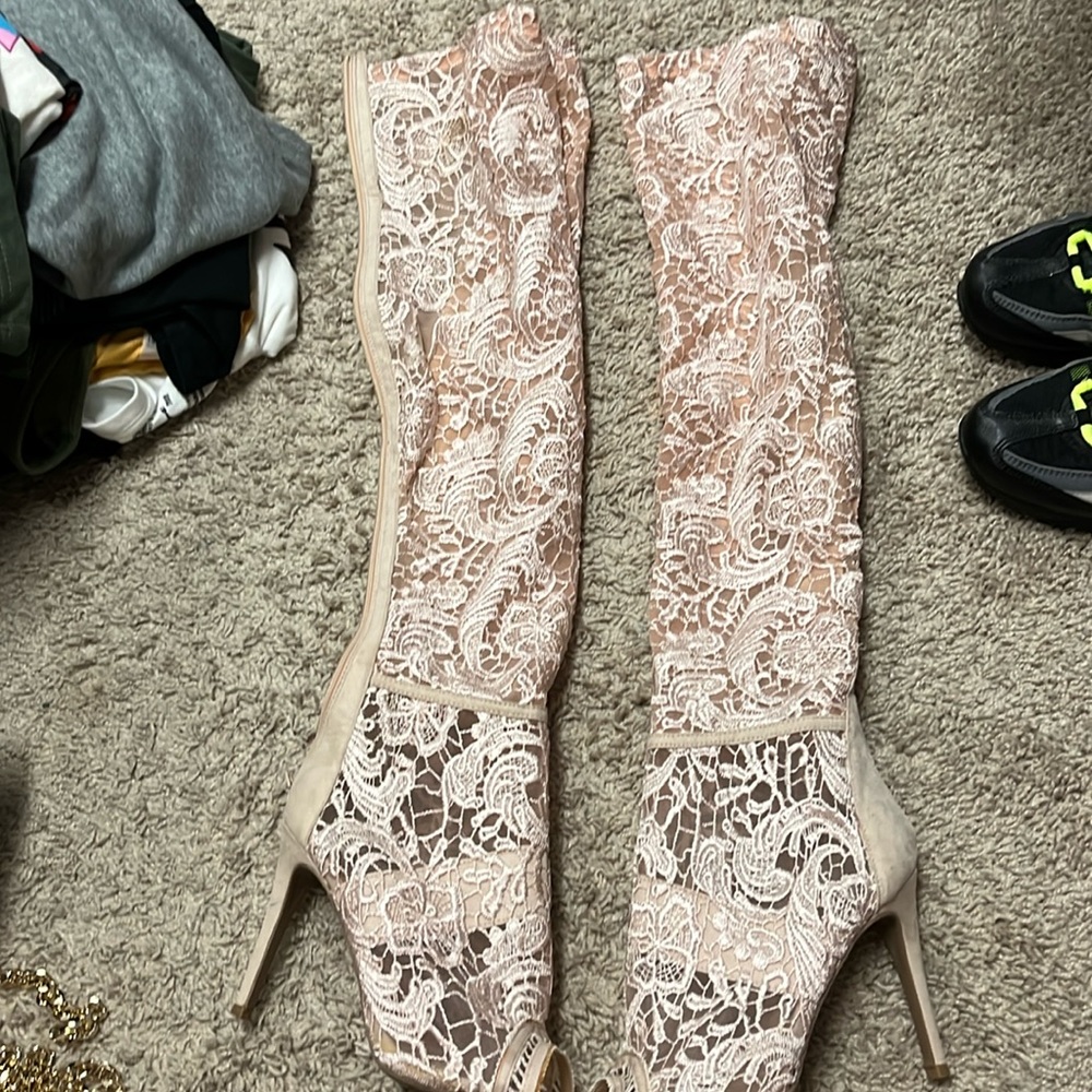 Pink lace thigh high boots